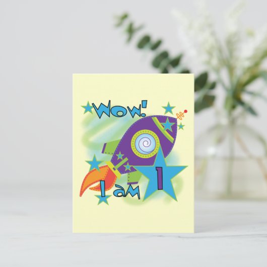 Rocket Ship 1st誕生日Tシャツとギフト ポストカード (スタンド正面)