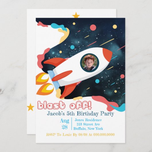 Rocket Ship Add Photo Birthday Party (正面/裏面)