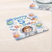 Rocket ship birthday Space Planets Boy Stars スクエアペーパーコースター (アングル)