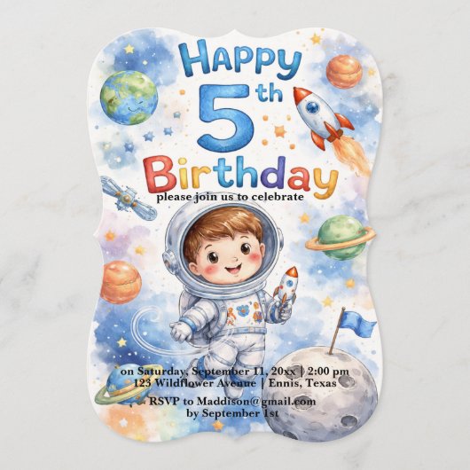 Rocket ship birthday Space Planets Boy Stars 招待状 (正面)