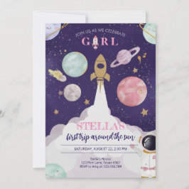 Rocket Ship Galaxy Birthday Invitation For Girls 招待状