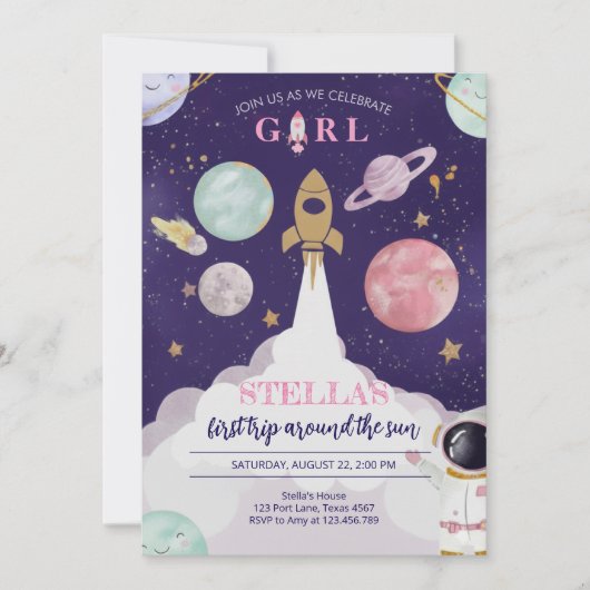 Rocket Ship Galaxy Birthday Invitation For Girls 招待状 (正面)