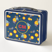 Rocket Ship in Space Navy Blue Monogrammed Boy's メタルランチボックス (正面)