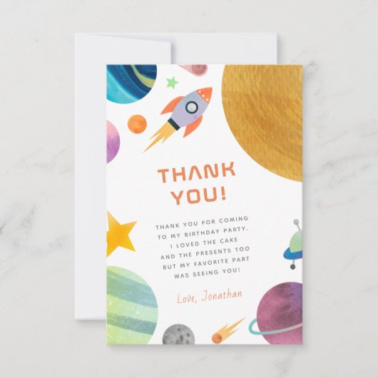 Rocket Ship Space Boy Birthday サンキューカード (正面)