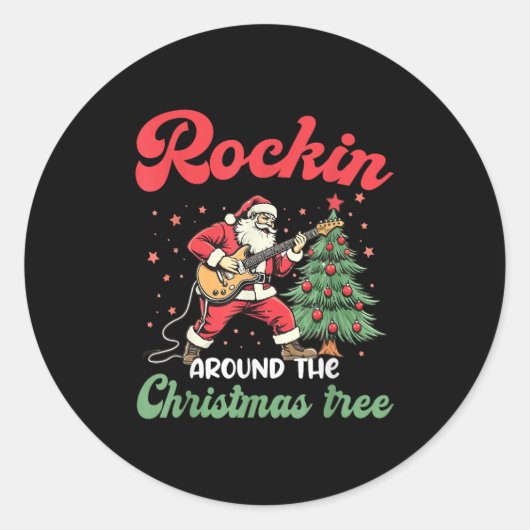 Rockin Around Christmas Tree Rock Music Guitar Xma ラウンドシール (正面)