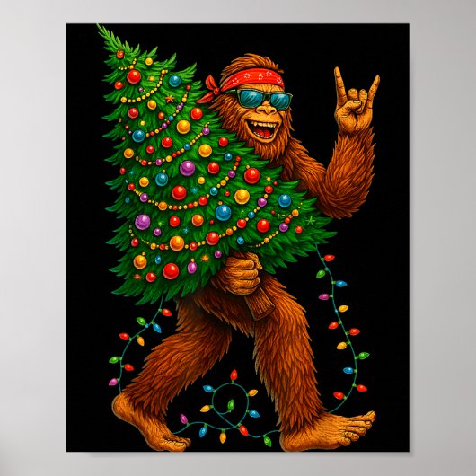 Rockin Christmas Bigfoot Carrying Tree Fun Xmas Ro ポスター (正面)