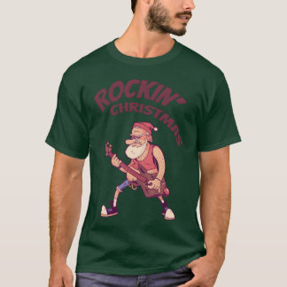 Rockin Christmas Santa Rocking With Guitar retro Tシャツ