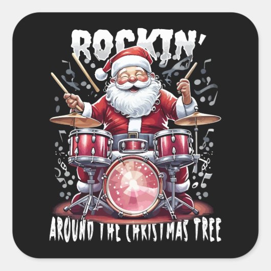 Rockin' Santa Drummer Christmas Tree スクエアシール (正面)