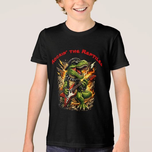 Rockin’ T-Rex Dinosaur with Guitar トライブレンドTシャツ (正面)