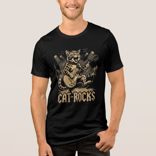 Rocking Cat Guitar Funny Music Animal Design トライブレンドＴシャツ (正面)