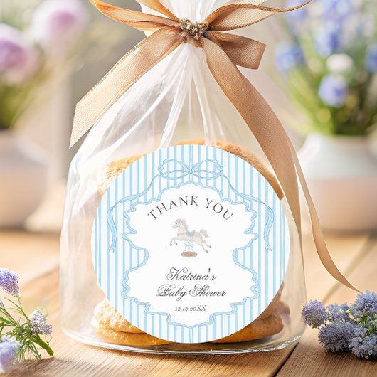 Rocking Horse Blue Bow Baby Shower Thank you ラウンドシール