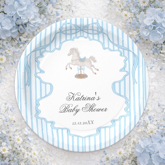 Rocking Horse Blue Boy Baby Shower ペーパープレート