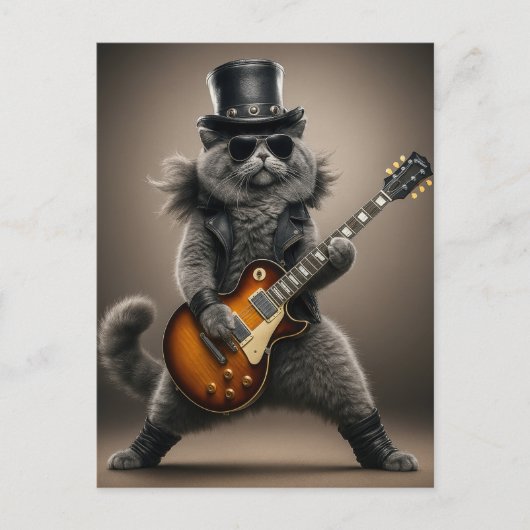 Rockstar Cat Playing Electric Guitar in Leather ポストカード (正面)