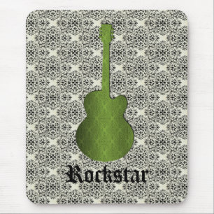 Rockstar Damask Guitar Mousepad, Olive Green マウスパッド