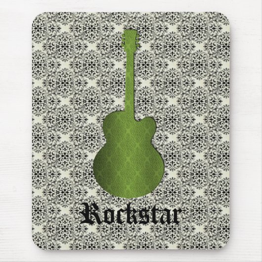 Rockstar Damask Guitar Mousepad, Olive Green マウスパッド (正面)