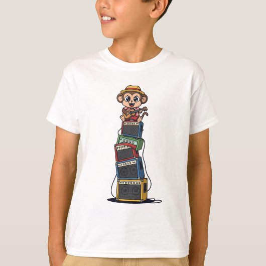 Rockstar Monkey Musician Stacking Amps Kids Tシャツ (正面)