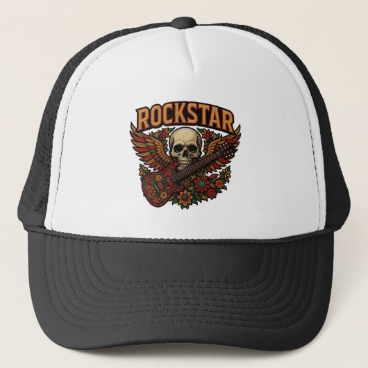 Rockstar Skull Guitar Wings – Bold Floral Embroide キャップ (正面)