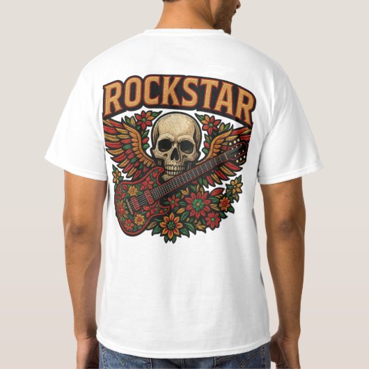 Rockstar Skull Guitar Wings – Bold Floral Embroide Tシャツ (裏面)