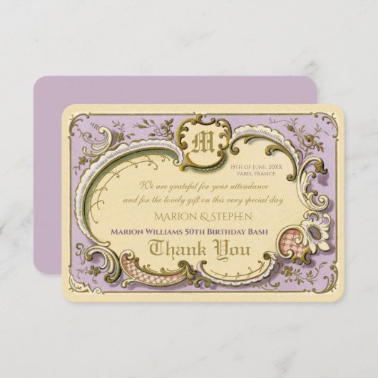 Rocoフランスのフレーエレガントムアンティーク金ゴールド薄紫 サンキューカード (正面/裏面)