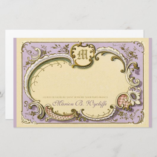 Rocoフランスのフレーエレガントムアンティーク金ゴールド薄紫 便箋 (正面/裏面)