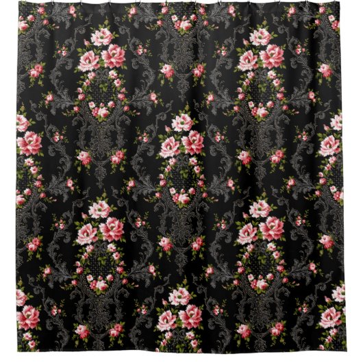 Rococoエレガントフローラブラック背景 シャワーカーテン (正面)