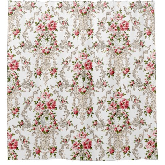 Rococoエレガントフローラ白の背景 シャワーカーテン (正面)