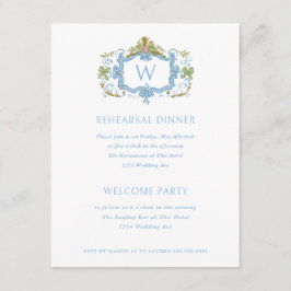 Rococo Blue Monogram Crest Rehearsal Dinner 招待状