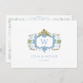 Rococo Blue Monogram Crest Wedding サンキューカード (正面/裏面)