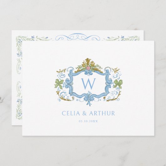 Rococo Blue Monogram Crest Wedding  サンキューカード (正面/裏面)