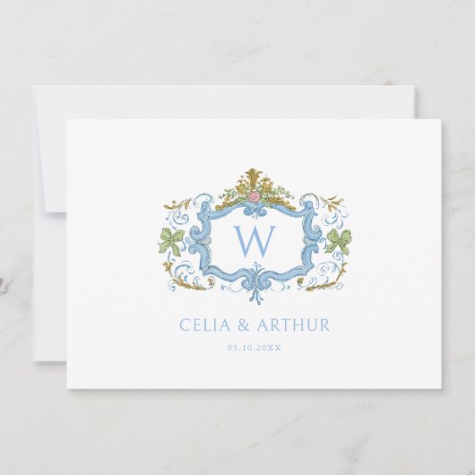 Rococo Blue Monogram Crest Wedding サンキューカード (正面)