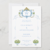Rococo Blue Monogram Crest Wedding セーブザデート (正面)