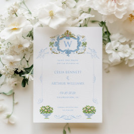 Rococo Blue Monogram Crest Wedding セーブザデート