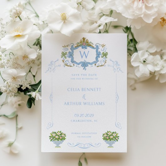 Rococo Blue Monogram Crest Wedding セーブザデート