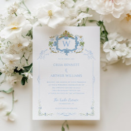 Rococo Blue Monogram Crest Wedding 招待状