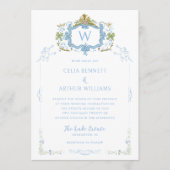 Rococo Blue Monogram Crest Wedding 招待状 (正面)