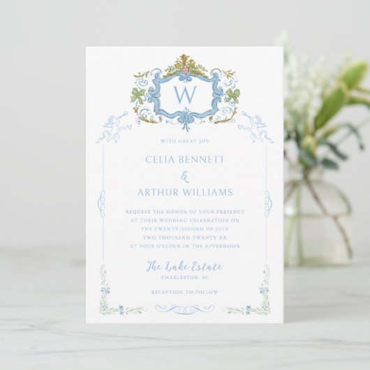 Rococo Blue Monogram Crest Wedding 招待状 (スタンド正面)
