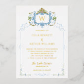 Rococo Blue Monogram Crest Wedding 箔招待状 (正面)