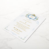 Rococo Blue Monogram Crest Wedding 箔招待状 (回転した状態)