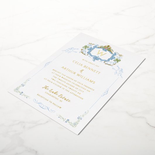 Rococo Blue Monogram Crest Wedding 箔招待状 (回転した状態)