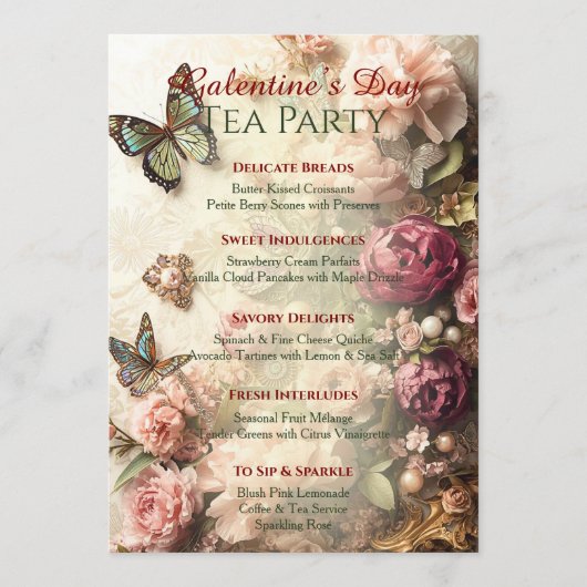 Rococo Butterfly Garden Galentine Tea Party Menu 招待状 (正面)