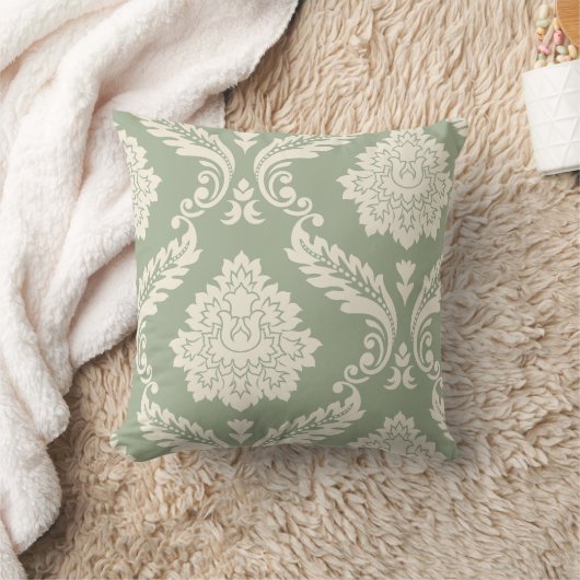 Rococo Damask Art I Cream on Green クッション (ブランケット)