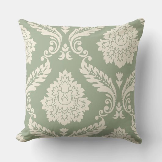 Rococo Damask Art I Cream on Green クッション (正面)