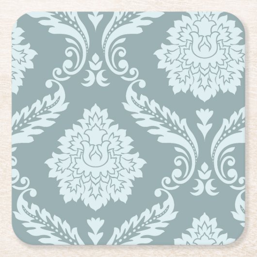 Rococo Damask Art I Duck Egg Blue+Teal スクエアペーパーコースター (正面)