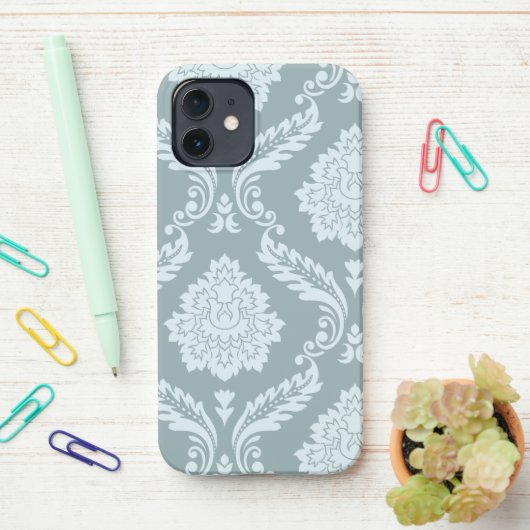 Rococo Damask Art I Duck Egg Blue+Teal iPhoneケース (デスク上)
