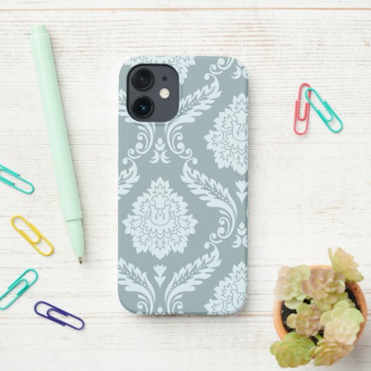 Rococo Damask Art I Duck Egg Blue+Teal iPhoneケース (デスク上)
