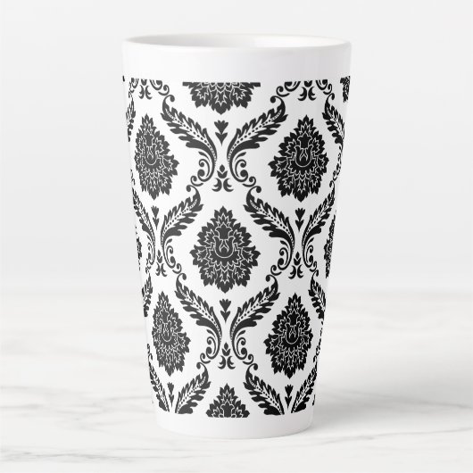 Rococo Damask Big Pattern Black on White カフェラテマグ (正面)