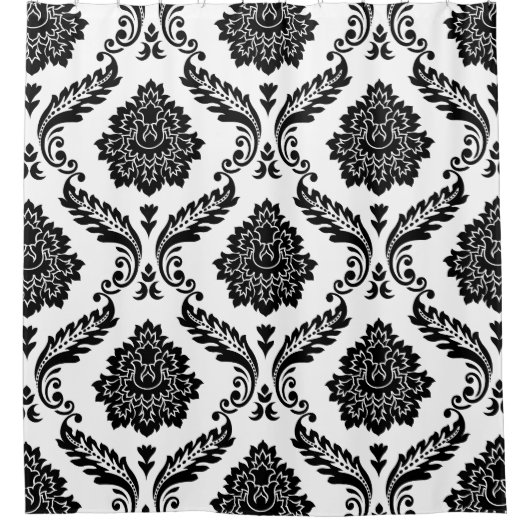 Rococo Damask Big Pattern Black on White シャワーカーテン (正面)