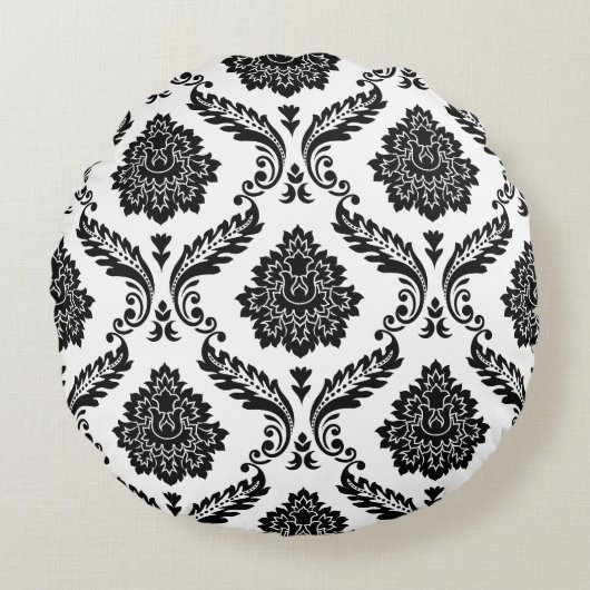 Rococo Damask Big Pattern Black on White ラウンドクッション (正面)
