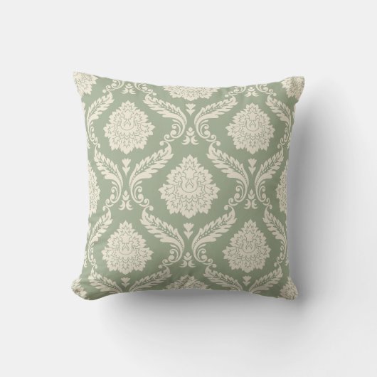 Rococo Damask Big Pattern Cream on Green クッション (正面)