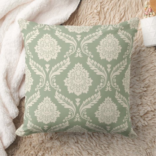Rococo Damask Big Pattern Cream on Green クッション (ブランケット)